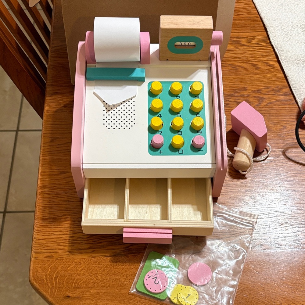 Wooden Toy Cash Register with Pink and Yellow Accents- new in box